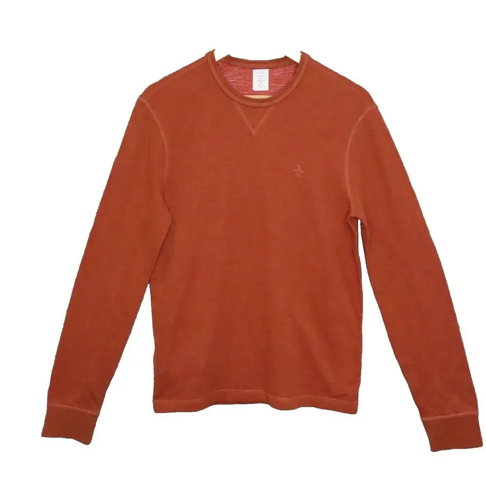 Penguin Munsingwear Shirt Mens Small Orange Knitted Crew Neck Long Sleeve NEW - Picture 1 of 11
